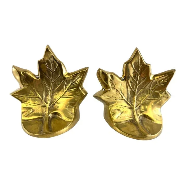 Vintage Mid-Century Brass Maple Leaf Bookends by Decorative Crafted Inc. – Sculptural Botanical- a Pair