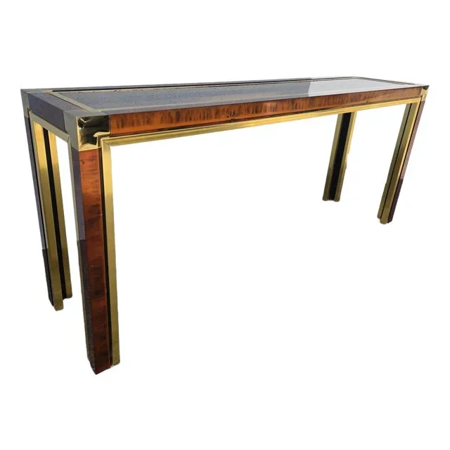 Vintage Mid Century Faux Tortoise Shell Side Console Table & Brass Lined Frame