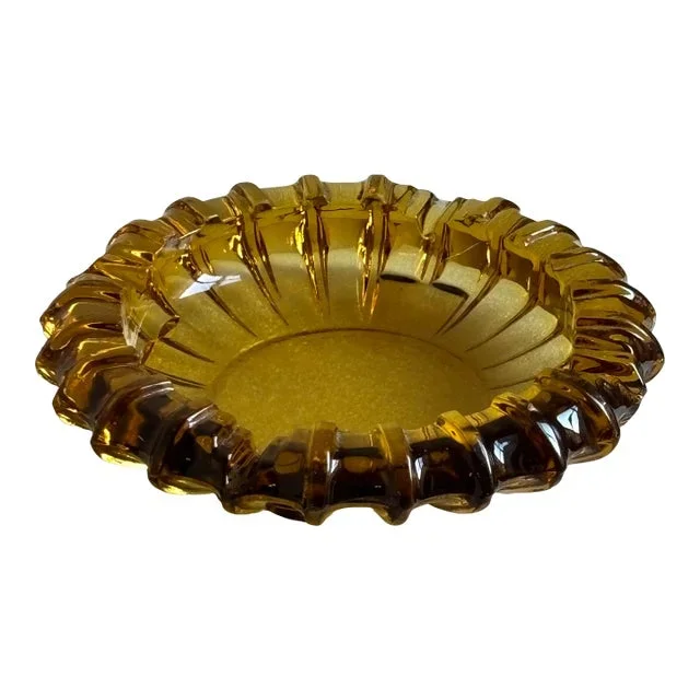 Vintage Mid-Century Modern Amber Sunburst Glass Ashtray