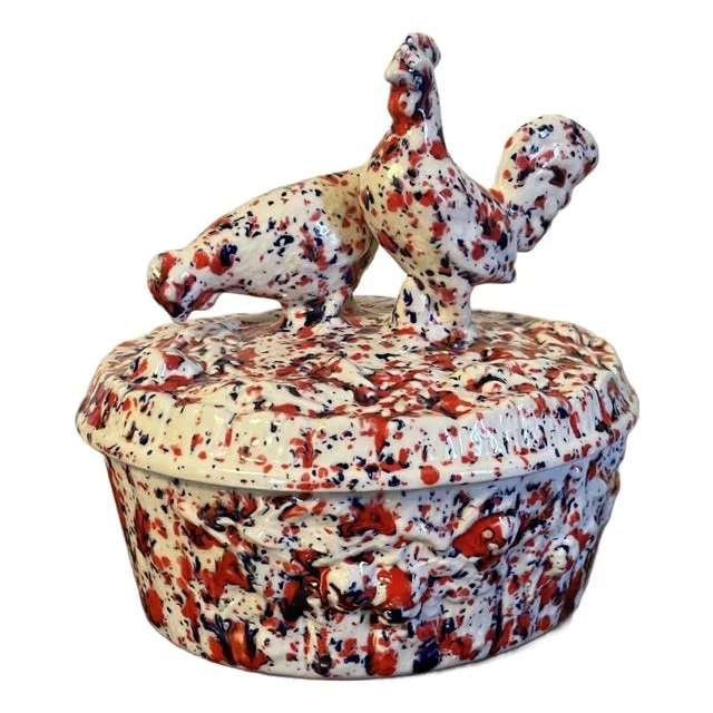 Vintage Mid-Century Modern Spatterware Pottery Covered Chicken Box