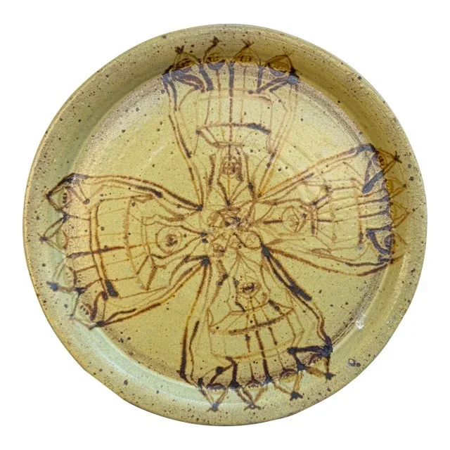 Vintage Mid Century Modern Stonware Yellow Glaze Pottery Charger Plate, Danish