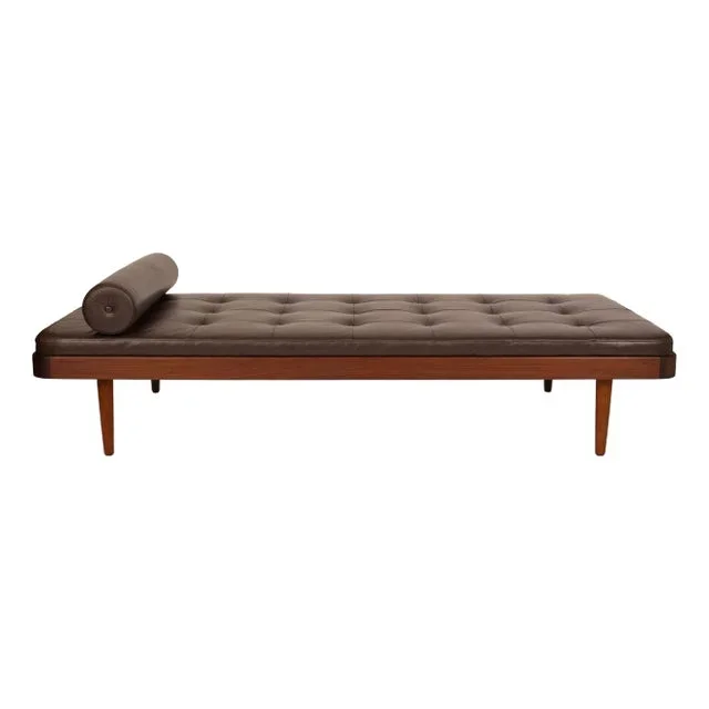 Vintage Mid-Century Modern Teak Daybed in Tufted Leather