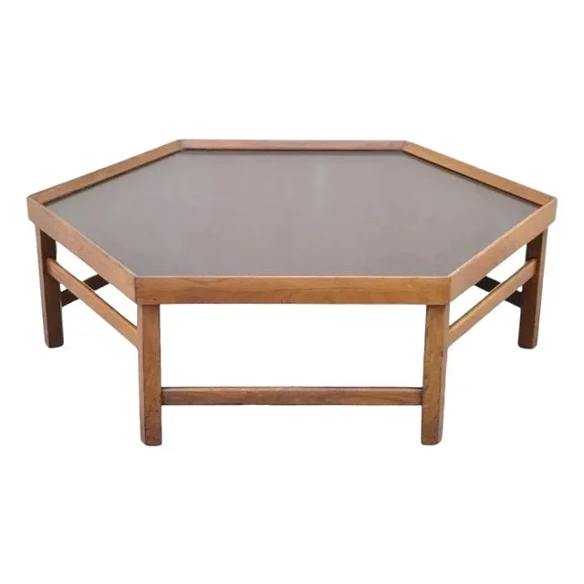 Vintage Mid Century Modern Walnut Hexagonal Coffee Table With Black Masonite Top