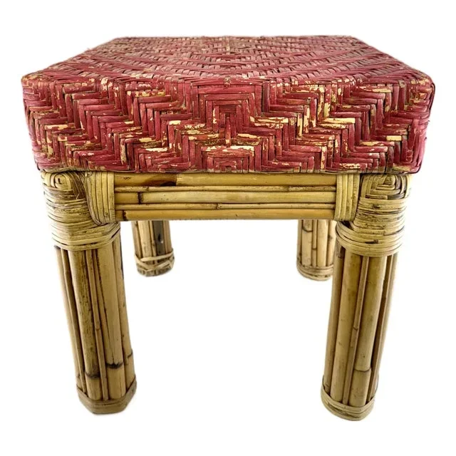 Vintage Mid Century Rattan and Woven Stool With Red Painted Seat or Stool