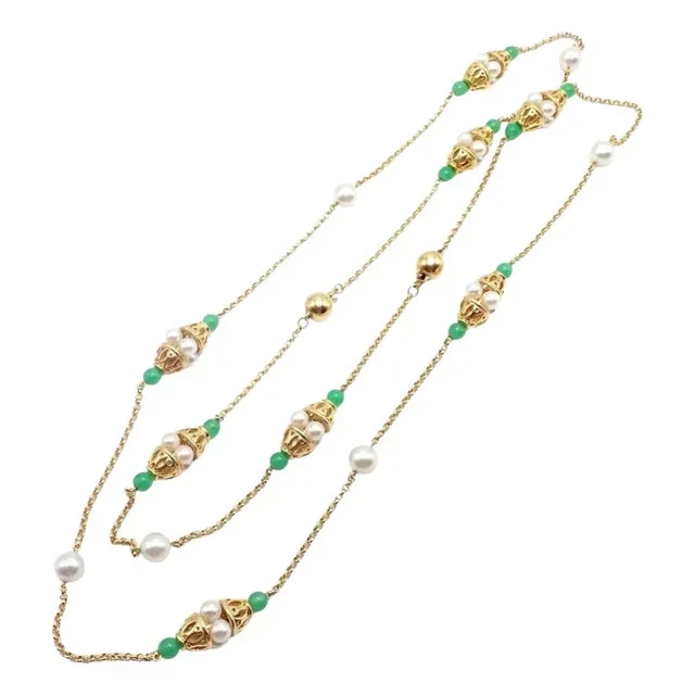 Vintage Mikimoto Pearl Yellow Gold Chalcedony Bead Long Necklace