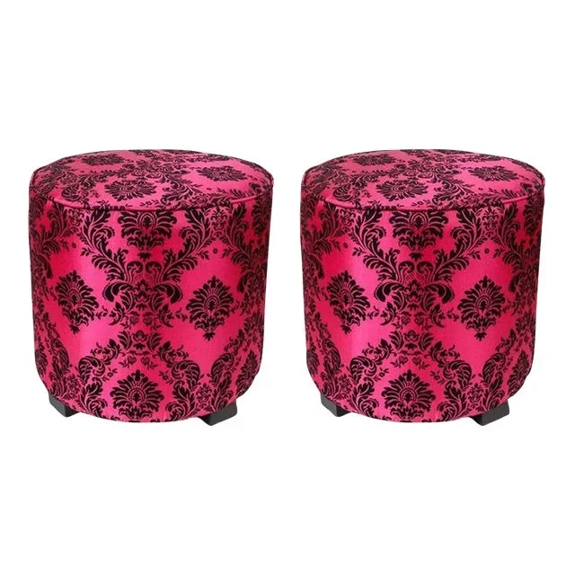 Vintage Modern Fuchsia and Black Moroccan Round Upholstered Stools