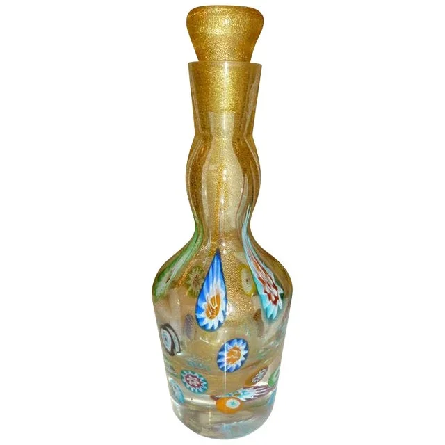 Vintage Murano Fratelli Toso Decanter Bottle With Gold Aventurines and Murrines