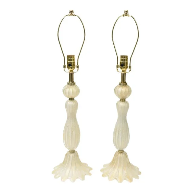 Vintage Murano Rare Barovier E Toso Glass Tiered Tables Lamps With Gold Aventurine and Brass Ring FittingsMCM