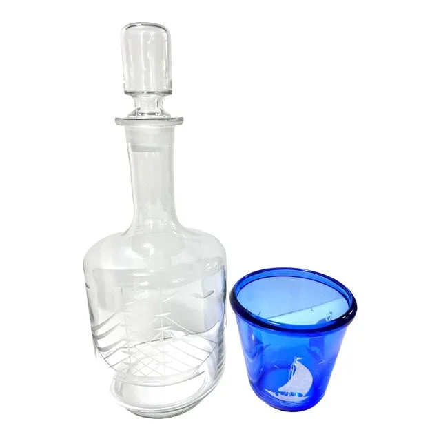 Vintage Nautical Ship Decanter & Garnish Dish Etched Cobalt Glass- 2 Pieces