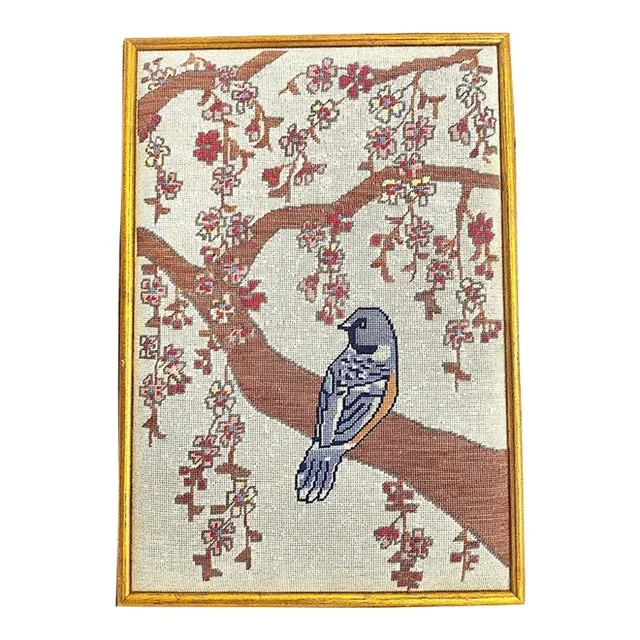 Vintage Needlepoint Bluebird Floral Oriental Motif, Framed