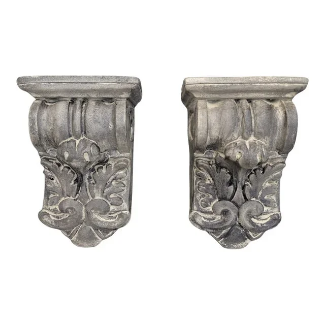Vintage Neoclassical Aged Plaster Hand Painted Decorative Wall Brackets- A Pair