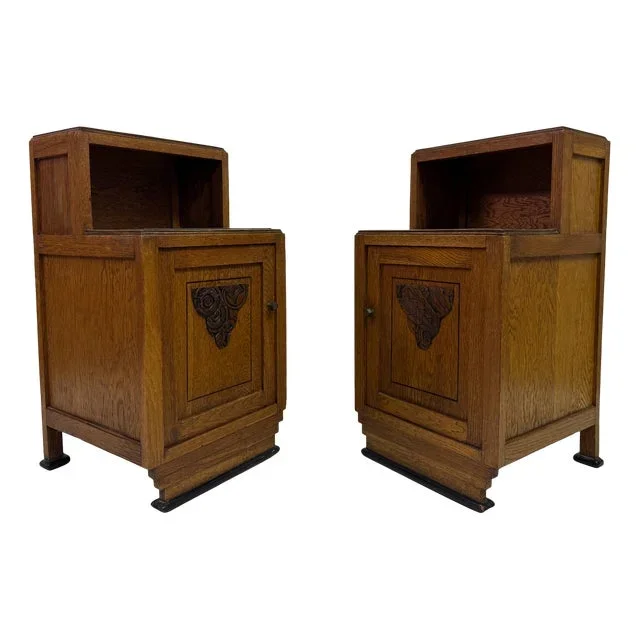 Vintage Oak Bedside Tables with Carved Panels, 1920s, Set of 2