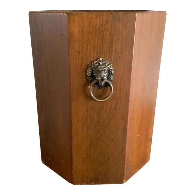 Vintage Octagonal Wooden Wastebasket With Lion Heads