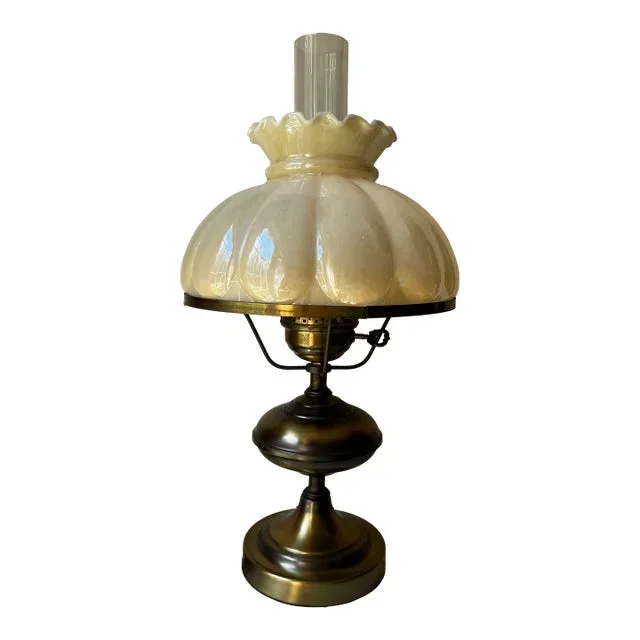 Vintage Oil Style Brass Base Milk Glass Shade Table Lamp