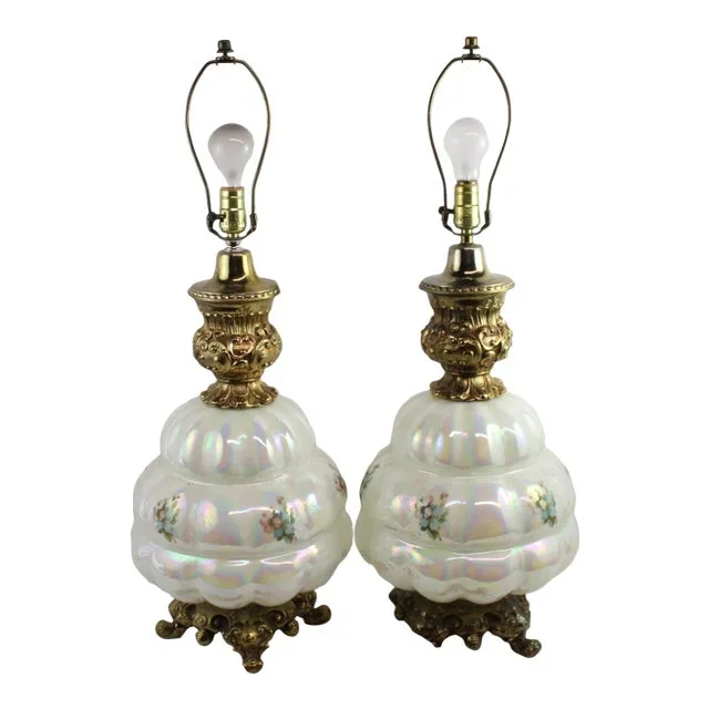 Vintage Opalescent Glass Table Lamps White Floral Nightlight Base – A Pair