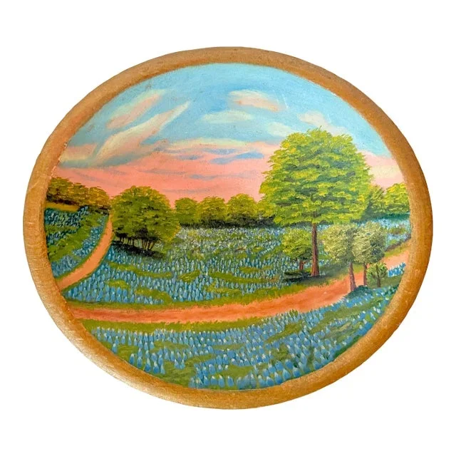 Vintage Original Concave Bluebonnet Painting in Primitive Style Bowl
