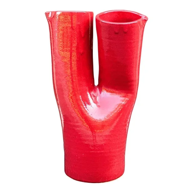Vintage Oversized Unusual Red Glazed Double Vase