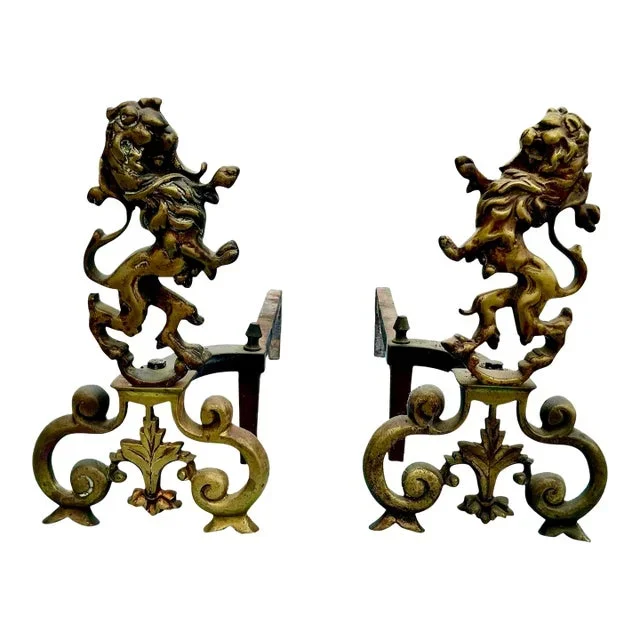 Vintage Pair of Brass Lion Form Andirons