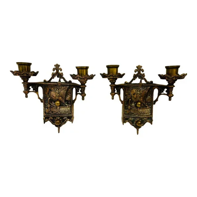 Vintage Pair of Cast Bronze Nautical Sconces