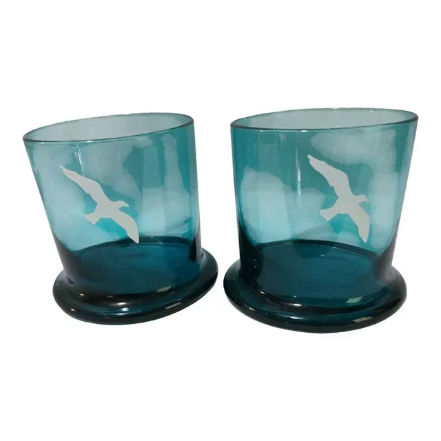 Vintage Pair of Coastal Ocean Blue Seagull Cocktail Rocks Glasses