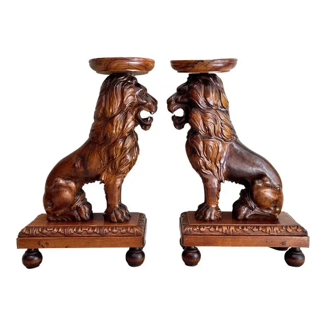 Vintage Pair of Solid Wood Hand-Carved Exotic Lion Plant Stands