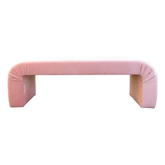 Vintage Post Modern 60″ Pink Velvet Waterfall Bench ~ New Upholstery ~ Mid Century Glam Seating
