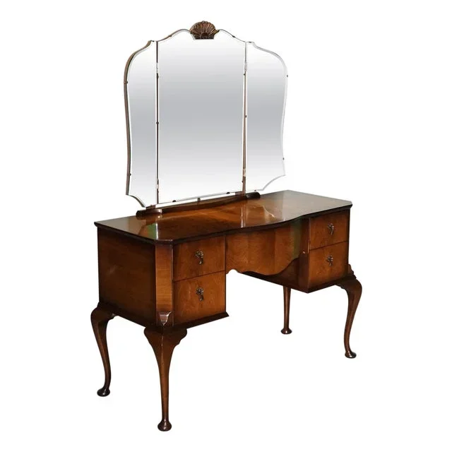 Vintage Queen Anne Style Legs Dressing Table with Large Mirror