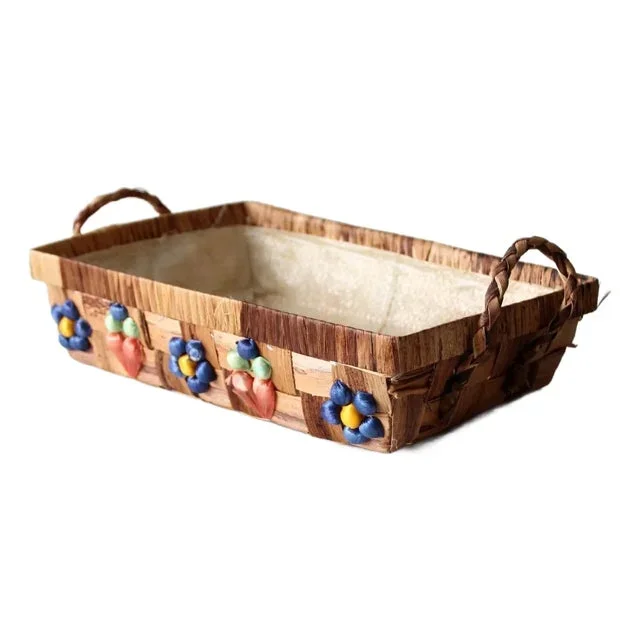 Vintage Raffia Floral Basket Tray