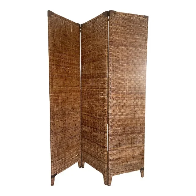 Vintage Rattan 3 Panel Honey Brown Folding Screen or Room Divider