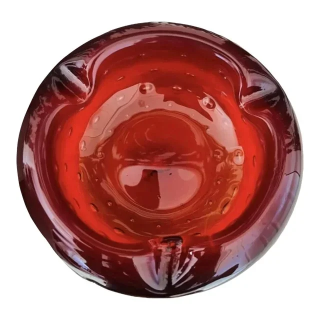 Vintage Red Italian Murano Ashtray With Controlled Bubble, Circa 1950’s