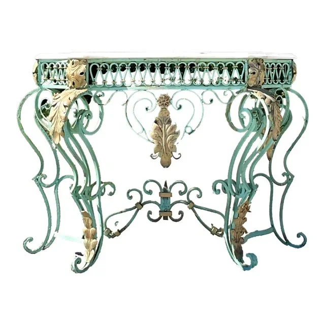 Vintage Regency Marble Top Wrought Iron Console Table