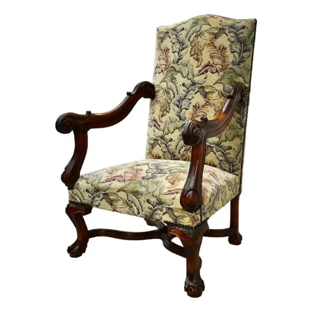 Vintage Renaissance Revival Style High Back Floral Print Chair W/Stretch Base