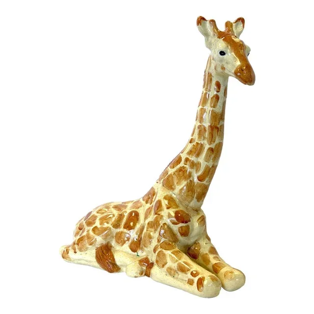 Vintage Resting Giraffe Hand Painted and Signed Italian Ceramic Statue C1991