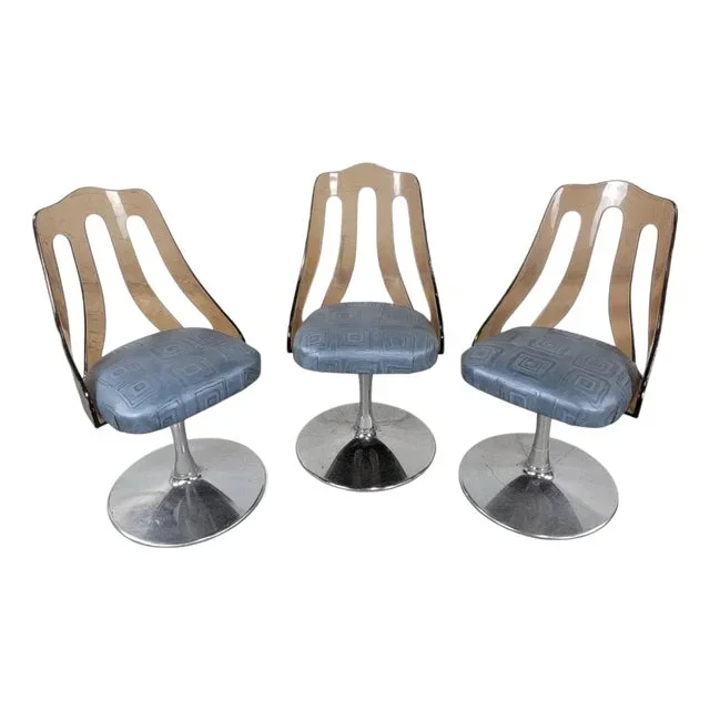 Vintage Retro Space Age Tulip Lucite Swivel Dining/Side Chairs in Leather, Set of 3