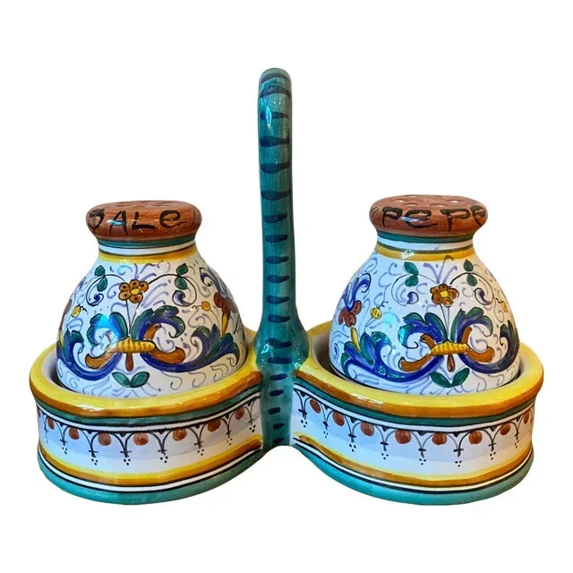 Vintage Ricco Pattern by Cama Deruta Salt & Pepper Shakers/Caddy- 3 Pieces