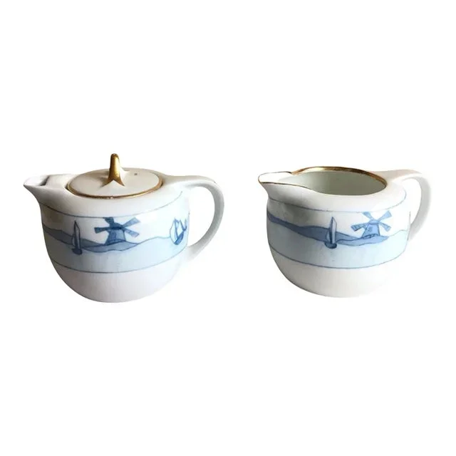 Vintage Rosenthal Selb Bavaria Donatello Blue Windmill Gold Rim Sugar & Creamer Set- 2 Pieces