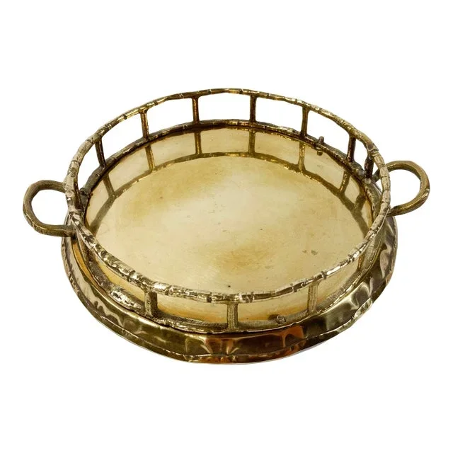 Vintage Round Brass Faux Bamboo Gallery Tray