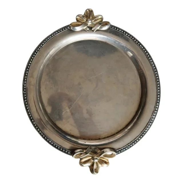 Vintage Round Silver Metal Serving Tray with Gold Knot Handles, 1970s
