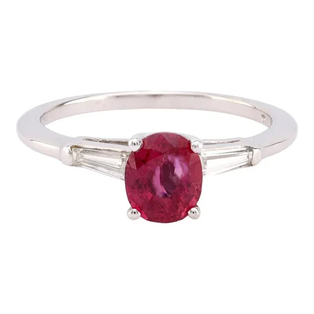 Vintage Ruby Diamond 14k White Gold Three Stone Ring Size 6.75