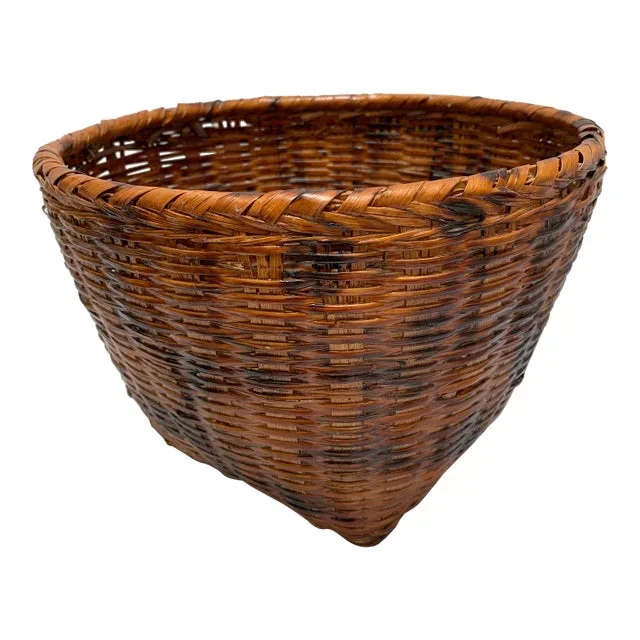 Vintage Rustic Tobacco Brown Wood Storage Basket