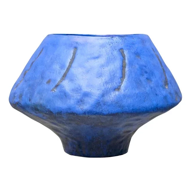 Vintage Sculptural Blue Glazed Ceramic Bowl by Marcello Fantoni, 1950s