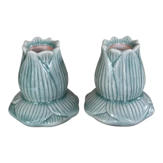 Vintage Siam Celadon Hand Made Lotus Flower Candle Holders – a Pair