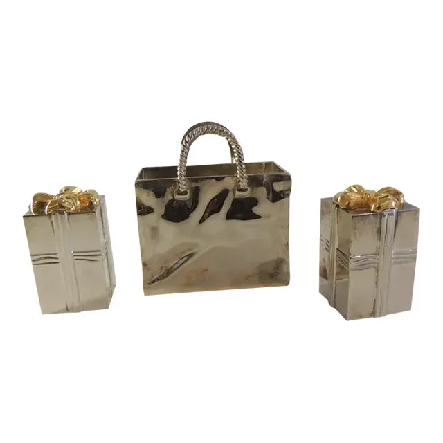 Vintage Silver Plated Shopping Bag and Gifts Salt & Pepper Shakers – Set of 2