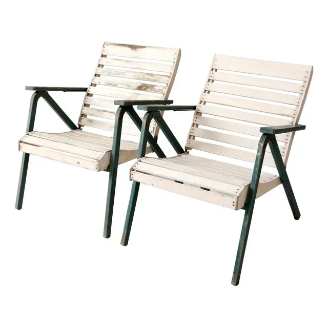 Vintage Slat Wood Folding Chairs Pair