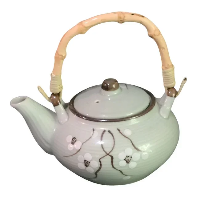 Vintage Small Celadon Green Bamboo Handle With Strainer Floral Asian Tea Pot
