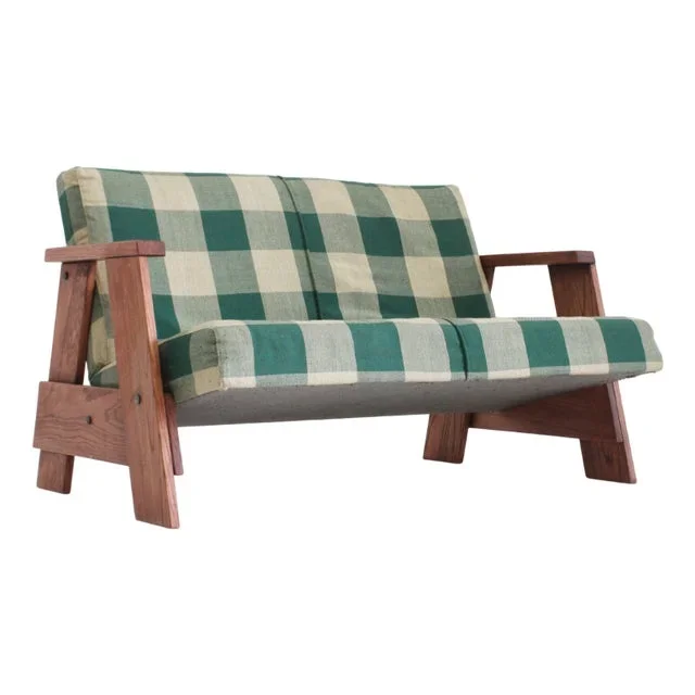 Vintage Sofa in Checkered Fabric and Wood, Italy, 1960s