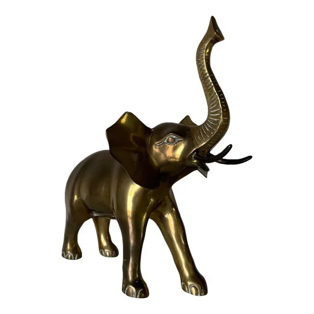 Vintage Solid Brass Elephant Tabletop Figurine With Raised Trunk