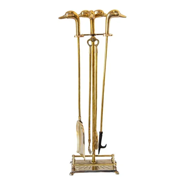 Vintage Solid Brass Fireplace Tools With Duck Heads French Maison Jansen Style