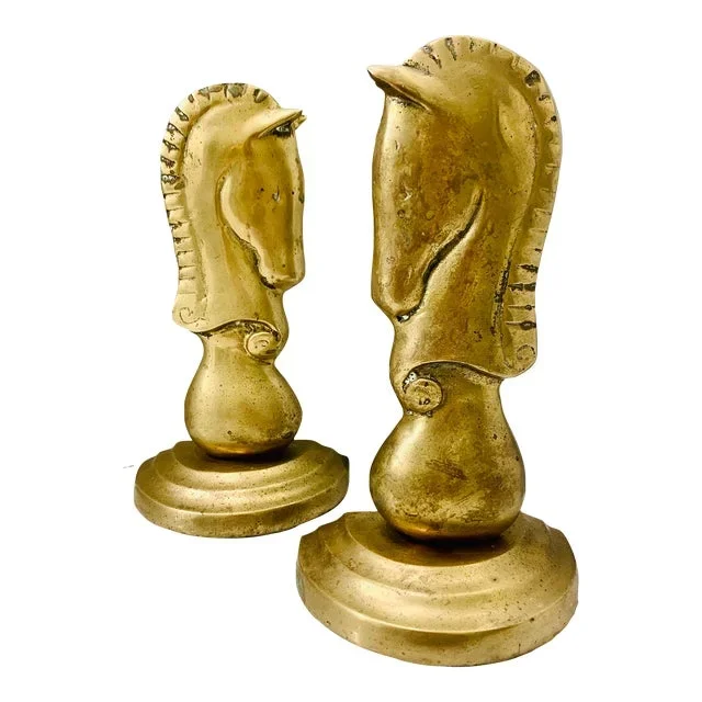 Vintage Solid Brass Horse Head Knight Chess Piece Bookends- a Pair