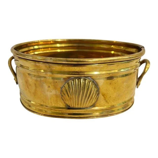 Vintage Solid Brass Oval Planter With Shell Motif and Handles